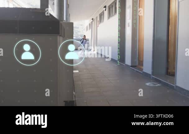 Pupil hurrying to camera in school corridor, nearing, causing icons ...