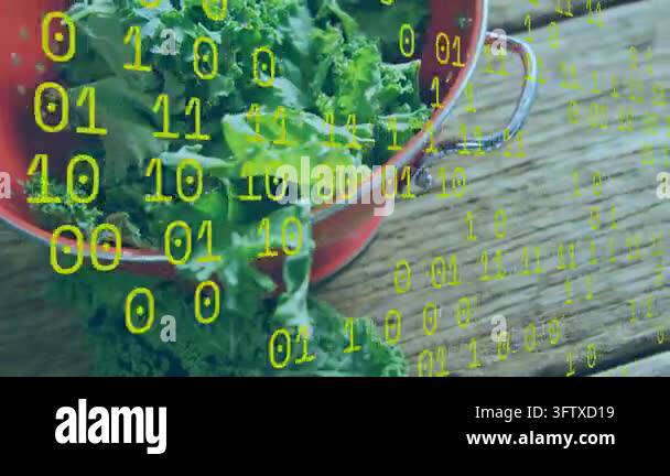 Binary overlay appearing, yellow digits streaming over red colander of ...