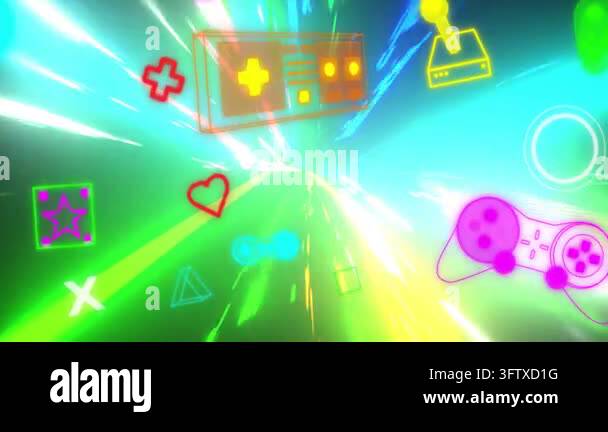 Beams closing causing center neon game icons and trails forming tunnel ...