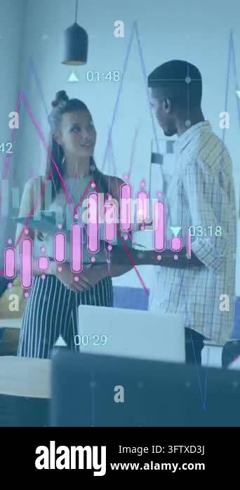 Animation of data processing over diverse man and woman discussing over ...