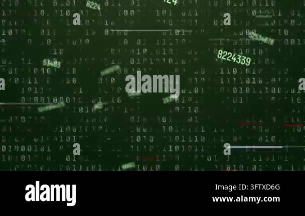 Dark green binary matrix starting, numeric tags drifting, glitch bars ...