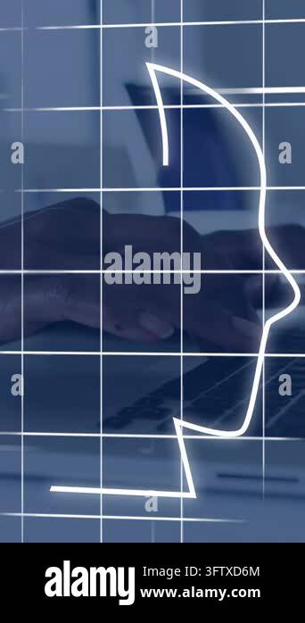 Vertical video: Woman typing on laptop causing neon head brain-AI chip ...