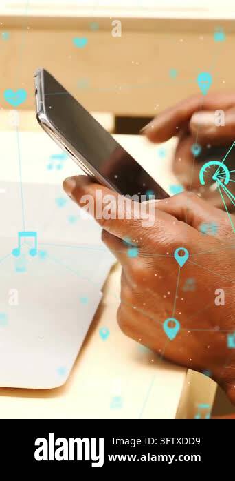 Animation of connected icons globes over african american man using ...