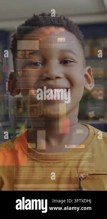 Vertical video: Overlay appearing, boy in tee shifting smile to laugh ...