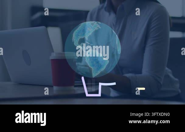 Woman typing on laptop starting globe with AI chip forming brain ...