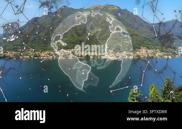 Particles gathering, wireframe globe appearing over lake, rotating and ...