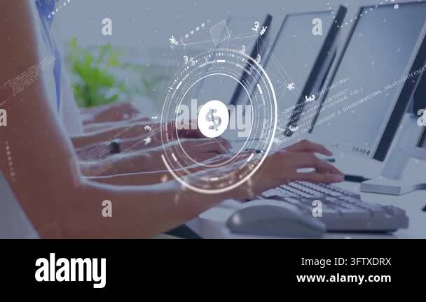 Digital overlay appearing over row of hands, HUD rotating while hands ...