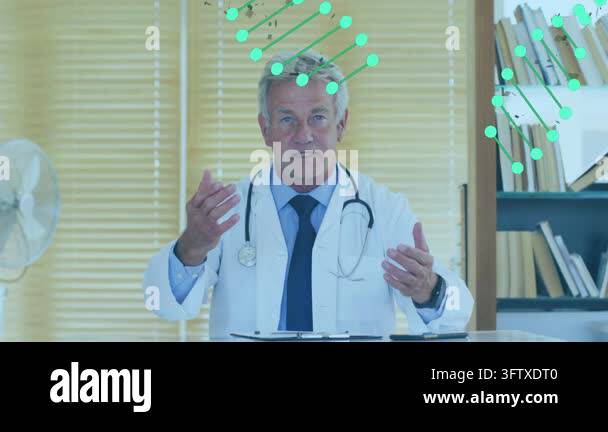Senior doctor speaking gesturing as turquoise helix appearing ...