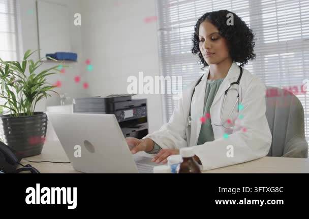 Female physician typing on laptop in clinic, causing animated red teal ...