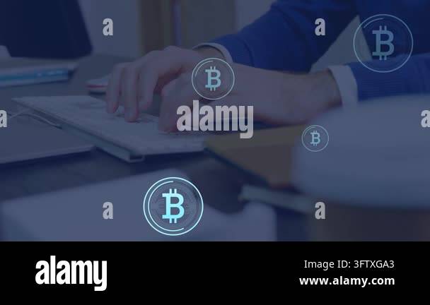 Man typing on keyboard single BTC appearing then cloning into floating ...