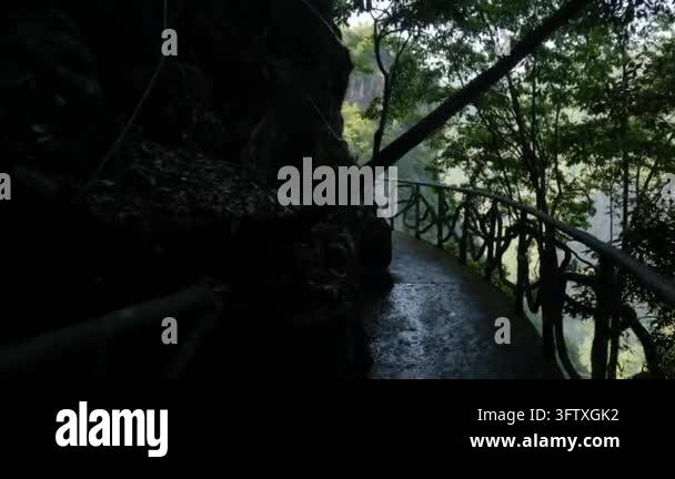 Tracking shot along a narrow mountain path with a decorative railing ...