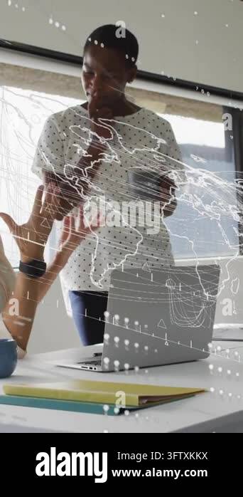 Animation of data processing and world map over diverse female ...