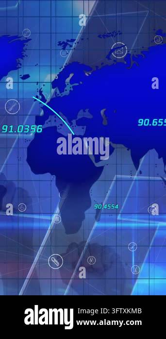 Animation of network of digital icons and multiple numbers over world ...