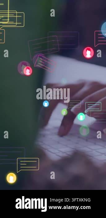 Animation of chat message icons over hands of woman using computer ...