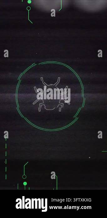 Binary code and bug icon animation over dark background. Cybersecurity ...