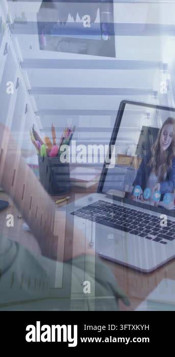 Animation of computer servers over man using laptop on video call ...