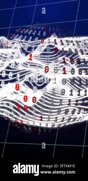 Binary code and wave patterns animation over grid background ...
