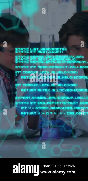 Animation of glowing scientific data processing over two male student ...