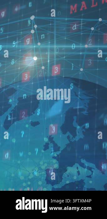 Animation of data processing and network of connections over globe ...