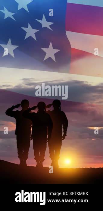 Silhouettes of soldiers saluting on background of sunset or sunrise and ...