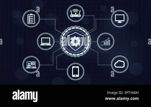 Futuristic digital business network animation featuring connected icons ...