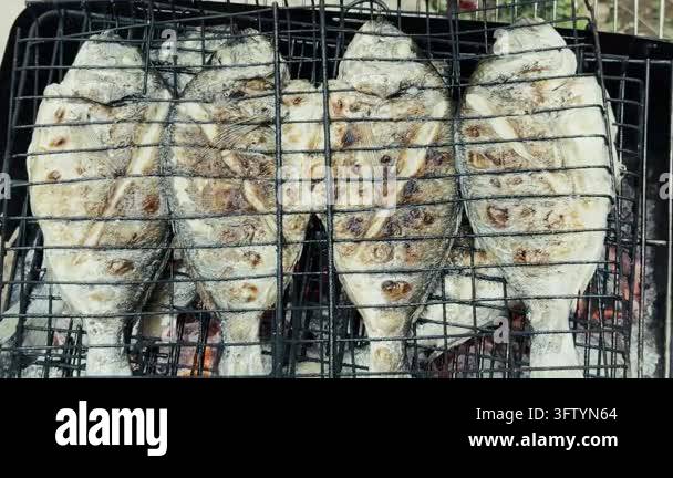 Close up view of fresh sea bream fish grilling over hot charcoal flame ...