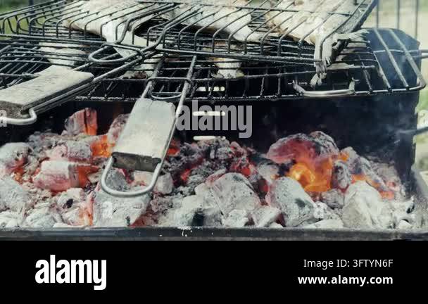 Close up view of fresh sea bream fish grilling over hot charcoal flame ...
