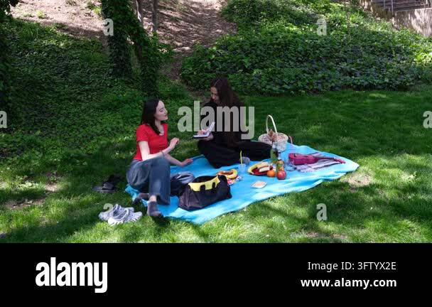 Close Friend Vector Close girl friends sit on blue blanket in park and read engaging book ...