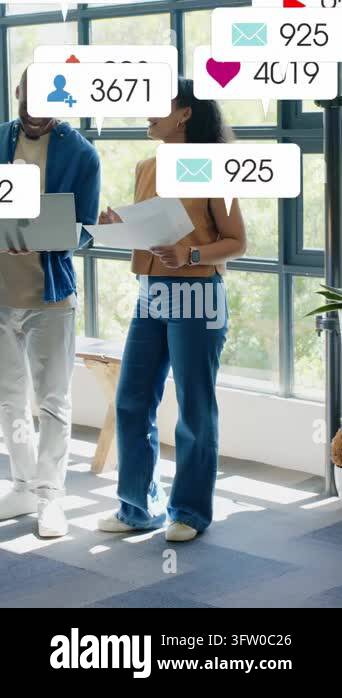 Notifications appearing, woman in tan top holding papers and pointing ...