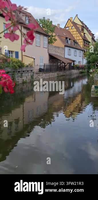 Historic, colorfully illuminated half-timbered houses and idyllic ...