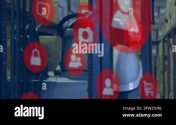Animated red icons shifting over forklift cabin, revealing white hard ...