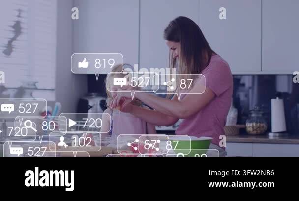 Mom guiding child cracking egg at counter, social icons peaking over ...
