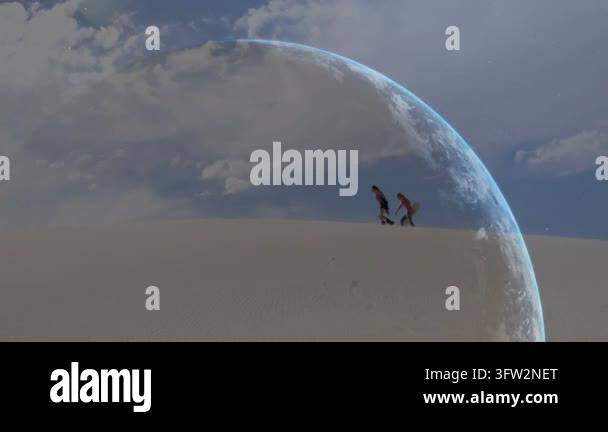 Man and woman walking dune crest, entering globe overlay, globe ...