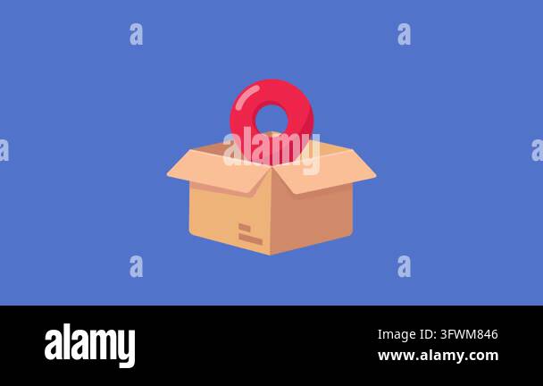 Cardboard box with a red map pointer icon, illustrating global ...