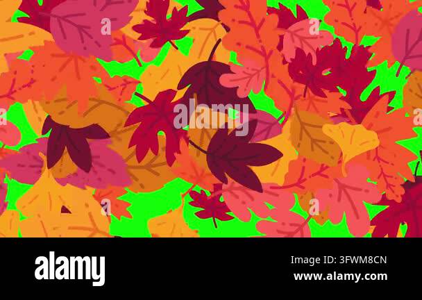 Colorful autumn leaves falling on a vibrant green screen background for ...