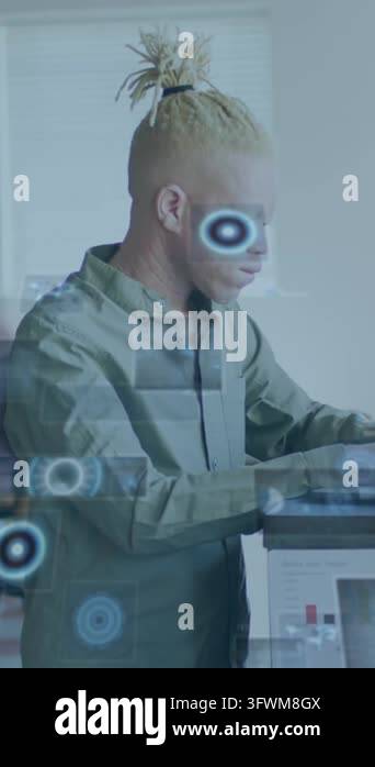 Animation of round scanners over african american albino man using ...