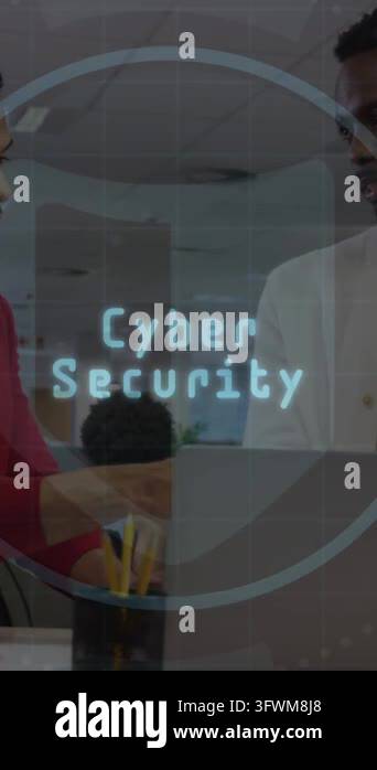 Animation of cyber security text, thumbprint icon, diverse coworker ...