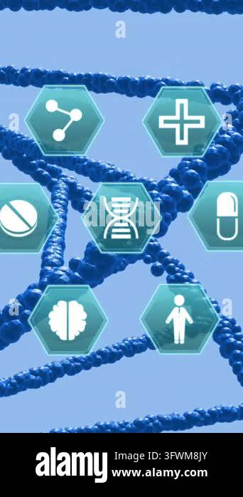 Animation of medical icons over dna on blue background. Connection ...
