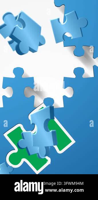 Animations of falling colorful puzzle pieces over white background ...