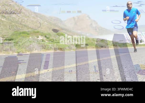 Runner entering frame toward low camera on road, overlays highlighting ...