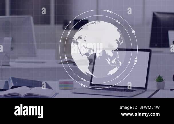Laptop projecting globe, globe forming rings and expanding while HUD ...