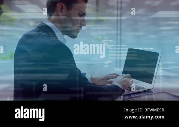 Man typing on laptop by window, causing soft binary overlay aligning ...