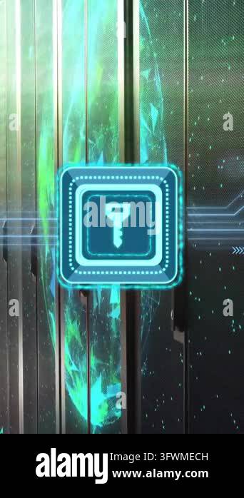 Animation of digital data processing with key icon over computer ...