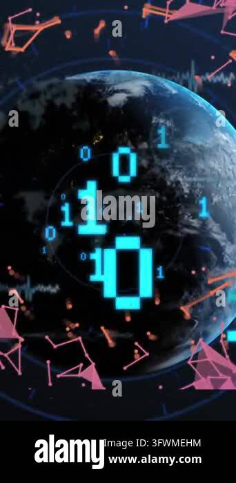 Animation of data processing over globe and connections with binary ...