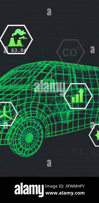 Animation of digital car interface and eco icons over 3d model of car ...