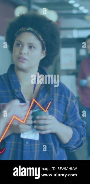 Animation of colorful graphs moving against diverse man and woman ...