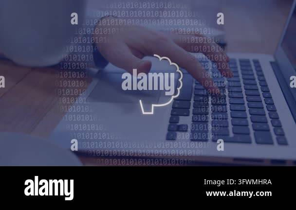Right hand pressing keyboard brain icon growing binary spreading icons ...