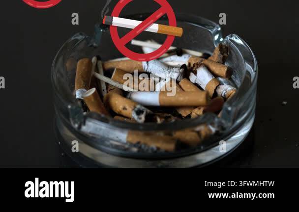 No-smoking icon appearing, icons multiplying and drifting over ashtray ...
