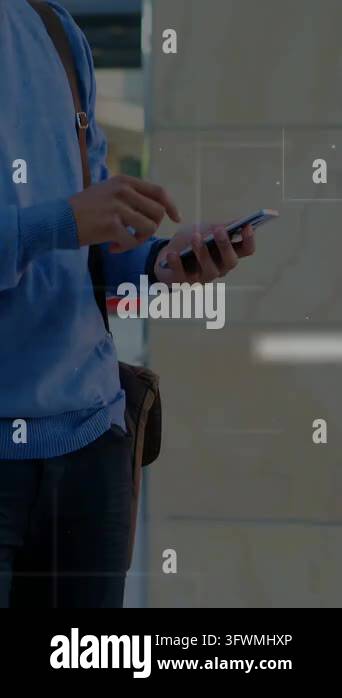 Vertical video: Man tapping phone near tiled wall, camera widening, HUD ...