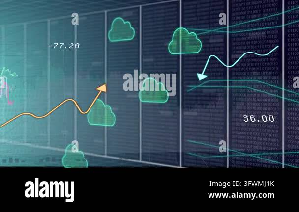 Arrow entering left neon clouds growing, colored lines weaving, numbers ...